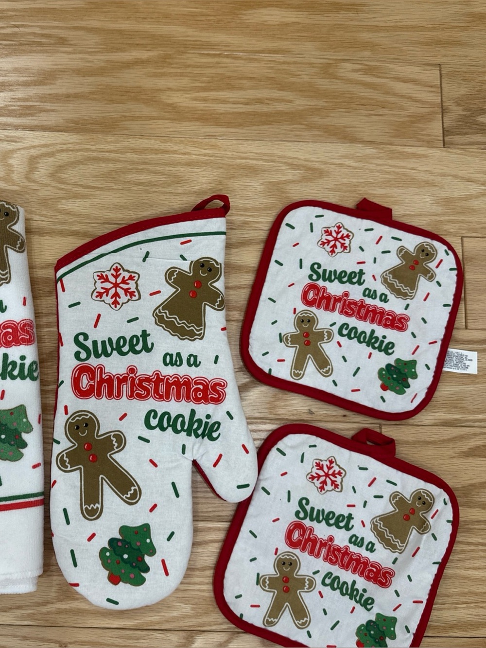 Sweet as a Christmas Cookie Oven Mitt and Pot Holder Set - Red, Green, White